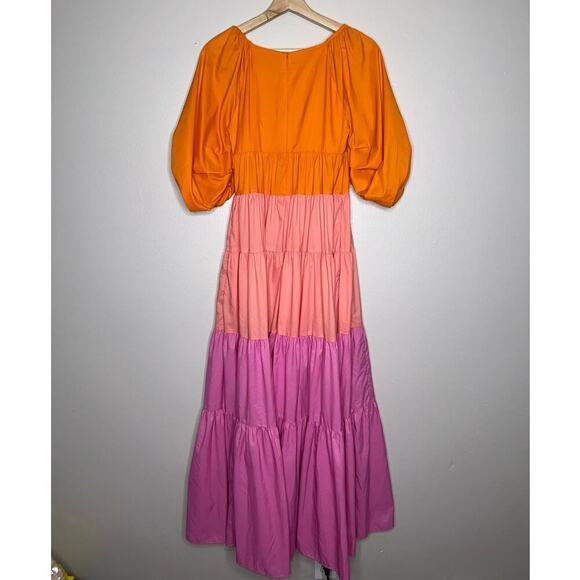 Staud Meadow Color Block Maxi Dress Puff Sleeves Pink Orange Size XS V-Neck - Picture 7 of 9